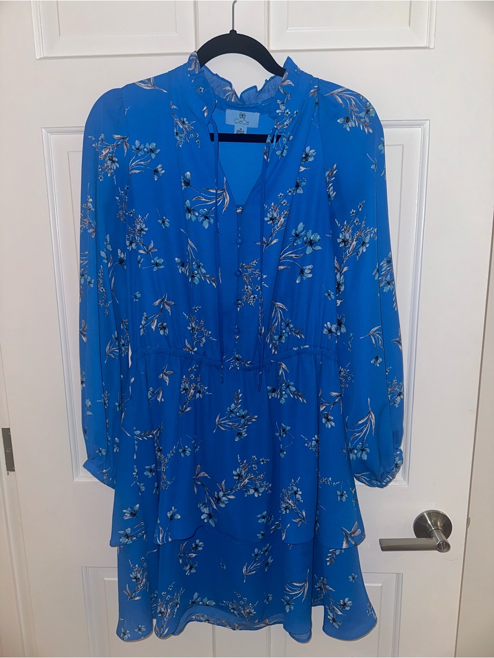 CeCe Bright Cobalt Blue Floral Long-Sleeve Tiered Dress